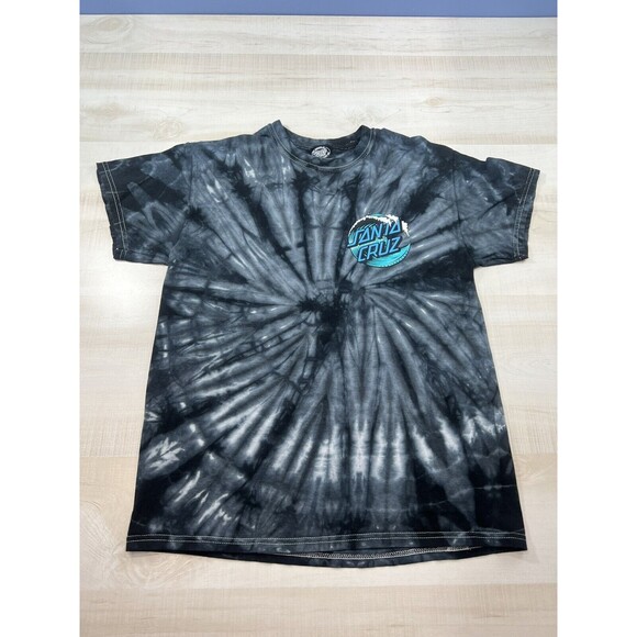 Santa Cruz Skateboards Mens Shirt Tie Dye Blck Gray Skater Tee Waves Logo M - Picture 1 of 10